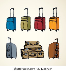 Big modern closed trunk box sac set on white floor backdrop. Vibrant multi color age Suit case holdall carryall. Bright hand drawn logo emblem insignia sketch in retro art doodle style text space