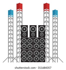 Big modern concert and festival speakers with some equipment and light rigs