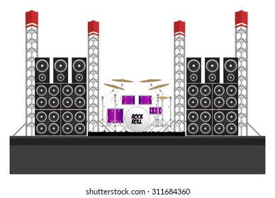 Big modern concert and festival stage with drum kit, speakers and equipment