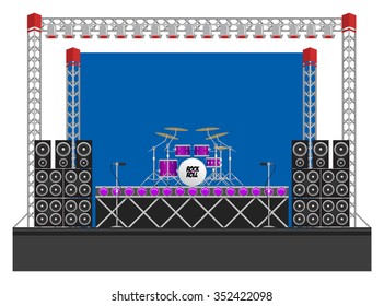 Big modern concert and festival stage with drum kit, speakers, lighting rigs, drum riser, microphones and equipment