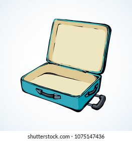 Big modern cyan empty trunk box sac on white airport backdrop. Vibrant teal airplane Suit case holdall carryall. Bright blue color hand drawn logo emblem sketch in retro art style with space for text