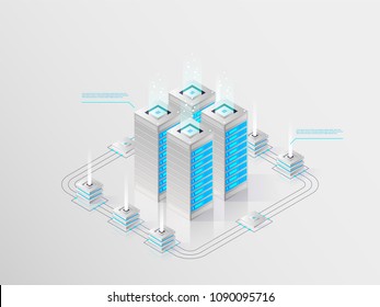 Big modern data center, server room, cloud data storage files service, data processing isometric vector technology