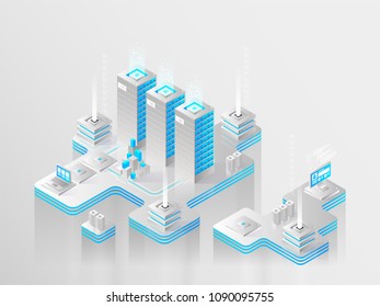 Big modern data center, server room, cloud data storage files service, data processing isometric vector technology
