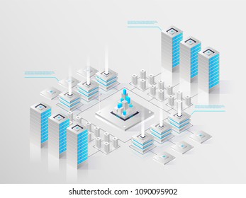 Big modern data center, server room, cloud data storage files service, data processing isometric vector technology