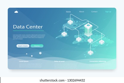 Big modern data center, server room, cloud data storage files service. Isometric Server room and big data processing concept. Cloud computer connection hosting server.  Concept of cloud storage.