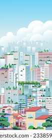 Big modern eco friendly green city landscape cityscape skyscrapers vertikal illustration with many office buildings, apartment, house and other bulding