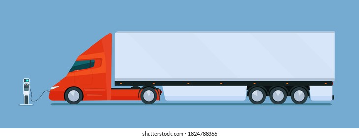 Big modern electric truck with trailer on charge. Vector flat illustration.