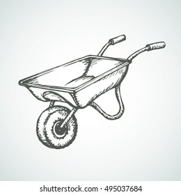 Big modern empty rustic yard wagon wain vehicle isolated on white backdrop. Freehand outline ink hand drawn picture sketchy in art scribble retro style pen on paper. Closeup view with space for text