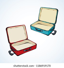 Big modern empty trunk box sac on white airport backdrop. Vibrant red and blue color airplane Suit case holdall carryall. Bright hand drawn logo emblem sketch in retro art doodle style