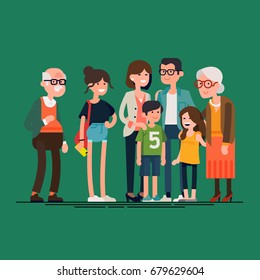 Big modern family vector flat design illustration. Relatives standing together. Grandparents, mother, father, siblings. Happy family characters