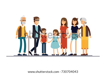 Big modern family vector flat design illustration. Relatives standing together. Grandparents, mother, father, siblings. Happy family characters