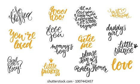 Big modern hand lettering set. Vector black and golden brush calligraphy quotes