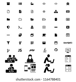 Big modern set of programming icons with people pictograms. Black simple code icons.