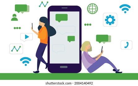Big modern smartphone with speech bubbles and two girls sitting on signs and chatting,
