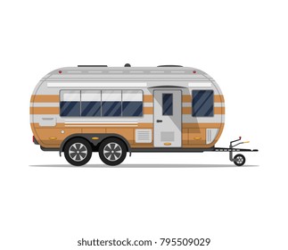 Big modern travel trailer isolated icon. Mobile home for country and nature vacation. Side view recreational vehicle van vector illustration in flat syle.