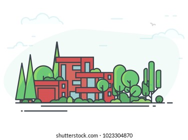 Big modern vacation house surrounded with trees. Green park. Real estate cottage background for banner. Red modern home with garage, big windows and garden. Modern line vector illustration.
