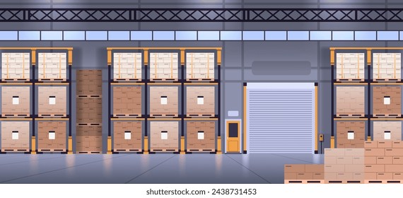 Gran interior de almacén moderno con estantes y cajas de paletas. Ilustración de vector plano de almacenamiento de carga