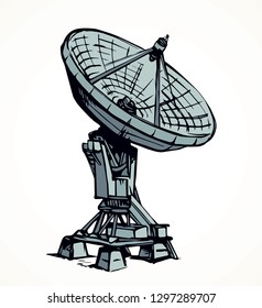 Big modern worldwide aerial C band tv tower system isolated on white background. Freehand outline ink hand drawn picture sign sketchy in art scribble retro style pen on pap with space for text on sky
