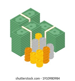 Big Money Concept. Big Pile Of Cash. Hundreds Of Dollars. Gold Coins With Dollar Sign. Isometry. Vector Illustration
