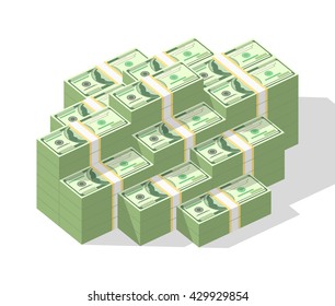 Big money concept. Stacked pile of hundred us dollar cash. Vector isometric illustration