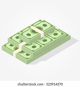 Big money concept. Stacked pile of hundred us dollar cash. Hundreds of dollars in flat style isometric illustration. Stack of dollar money. Stacked pile of hundred us dollar cash. Big pile of cash.