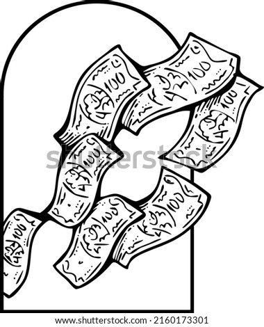 Big money flying for wealth, prosperity and happiness. Your lucky green paper cash dollars profit from commerce, savings bank investment, jackpot, bingo, luck. Hand drawn vintage vector illustration.