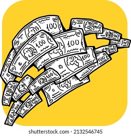 Big money flying to you for wealth, prosperity and happiness. Your lucky green paper cash dollars profit from commerce, savings bank investment, jackpot, bingo, luck. Hand drawn vector illustration.