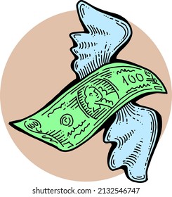 Big money flying to you for wealth, prosperity and happiness. Your lucky green paper cash dollars profit from commerce, savings bank investment, jackpot, bingo, luck. Hand drawn vector illustration.