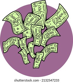 Big money flying to you for wealth, prosperity and happiness. Your lucky green paper cash dollars profit from commerce, savings bank investment, jackpot, bingo, luck. Hand drawn vector illustration.