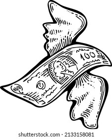 Big money flying to you for wealth, prosperity and happiness. Your lucky green paper cash dollars profit from commerce, savings bank investment, jackpot, bingo, luck. Hand drawn vector illustration.