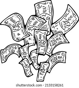 Big money flying to you for wealth, prosperity and happiness. Your lucky green paper cash dollars profit from commerce, savings bank investment, jackpot, bingo, luck. Hand drawn vector illustration.