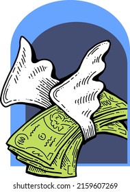 Big money flying to you for wealth, prosperity and happiness. Your lucky green paper cash dollars profit from commerce, savings bank investment, jackpot, bingo, luck. Hand drawn vintage illustration.