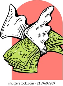 Big money flying to you for wealth, prosperity and happiness. Your lucky green paper cash dollars profit from commerce, savings bank investment, jackpot, bingo, luck. Hand drawn vintage illustration.