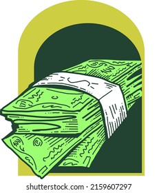 Big money flying to you for wealth, prosperity and happiness. Your lucky green paper cash dollars profit from commerce, savings bank investment, jackpot, bingo, luck. Hand drawn vintage illustration.