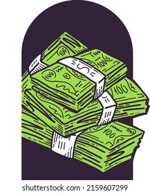 Big money flying to you for wealth, prosperity and happiness. Your lucky green paper cash dollars profit from commerce, savings bank investment, jackpot, bingo, luck. Hand drawn vintage illustration.