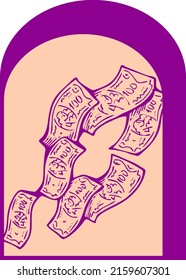 Big money flying to you for wealth, prosperity and happiness. Your lucky green paper cash dollars profit from commerce, savings bank investment, jackpot, bingo, luck. Hand drawn vintage illustration.