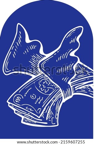 Big money flying to you for wealth, prosperity and happiness. Your lucky green paper cash dollars profit from commerce, savings bank investment, jackpot, bingo, luck. Hand drawn vintage illustration.