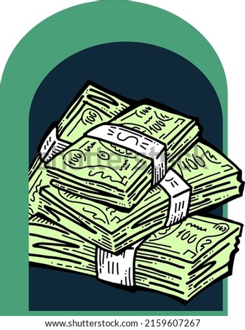 Big money flying to you for wealth, prosperity and happiness. Your lucky green paper cash dollars profit from commerce, savings bank investment, jackpot, bingo, luck. Hand drawn vintage illustration.