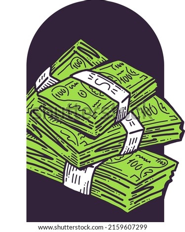 Big money flying to you for wealth, prosperity and happiness. Your lucky green paper cash dollars profit from commerce, savings bank investment, jackpot, bingo, luck. Hand drawn vintage illustration.