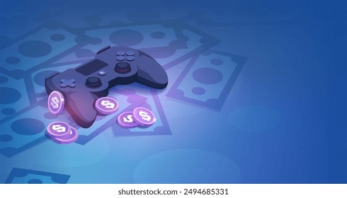 Big Money in Game Industry isometric concept. Game controller with stack of coins and banknotes on blue background.