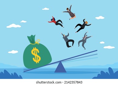 Big money gets rid of people. Human greed, commercialism, huge bag of money on scales, men and women thrown into sky, breakup of friendships and relationships due to income vector concept