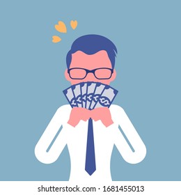 Big money love, man adoring dollar banknotes. Happy prosperous person enjoying good financial life, high earnings, profit, dreaming of wealth, winning lottery. Vector illustration, faceless character
