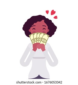 Big money love, woman adoring dollar banknotes. Happy prosperous person enjoying good financial life, high earnings, profit, dreaming of wealth, winning lottery. Vector flat style cartoon illustration