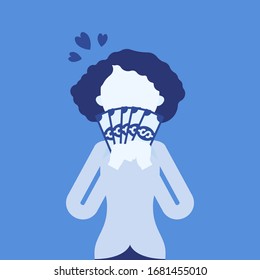 Big money love, woman adoring dollar banknotes. Happy prosperous person enjoying good financial life, high earning, profit, dreaming of wealth, winning lottery. Vector illustration, faceless character