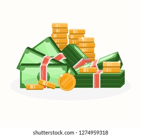 Big money piles, gold coins and bills, vector illustration
