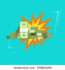 Big money prize win or cash fortune jackpot explosion vector flat cartoon illustration isolated 
