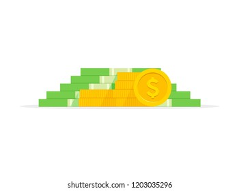 Big money. Stack money dollars and coins. Cash. Vector illustration