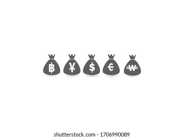 Big moneybag currency, Bath ,Dollar ,Euro,Won ,Yen  