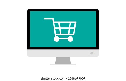 Big monitor and shopping cart for online shopping concept. Flat color vector illustration.