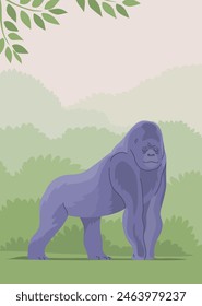 Big monkey gorilla on the background of wildlife. Anthropoid primate. Great ape. Wild african animal. Fauna and zoology. Flat vector illustration